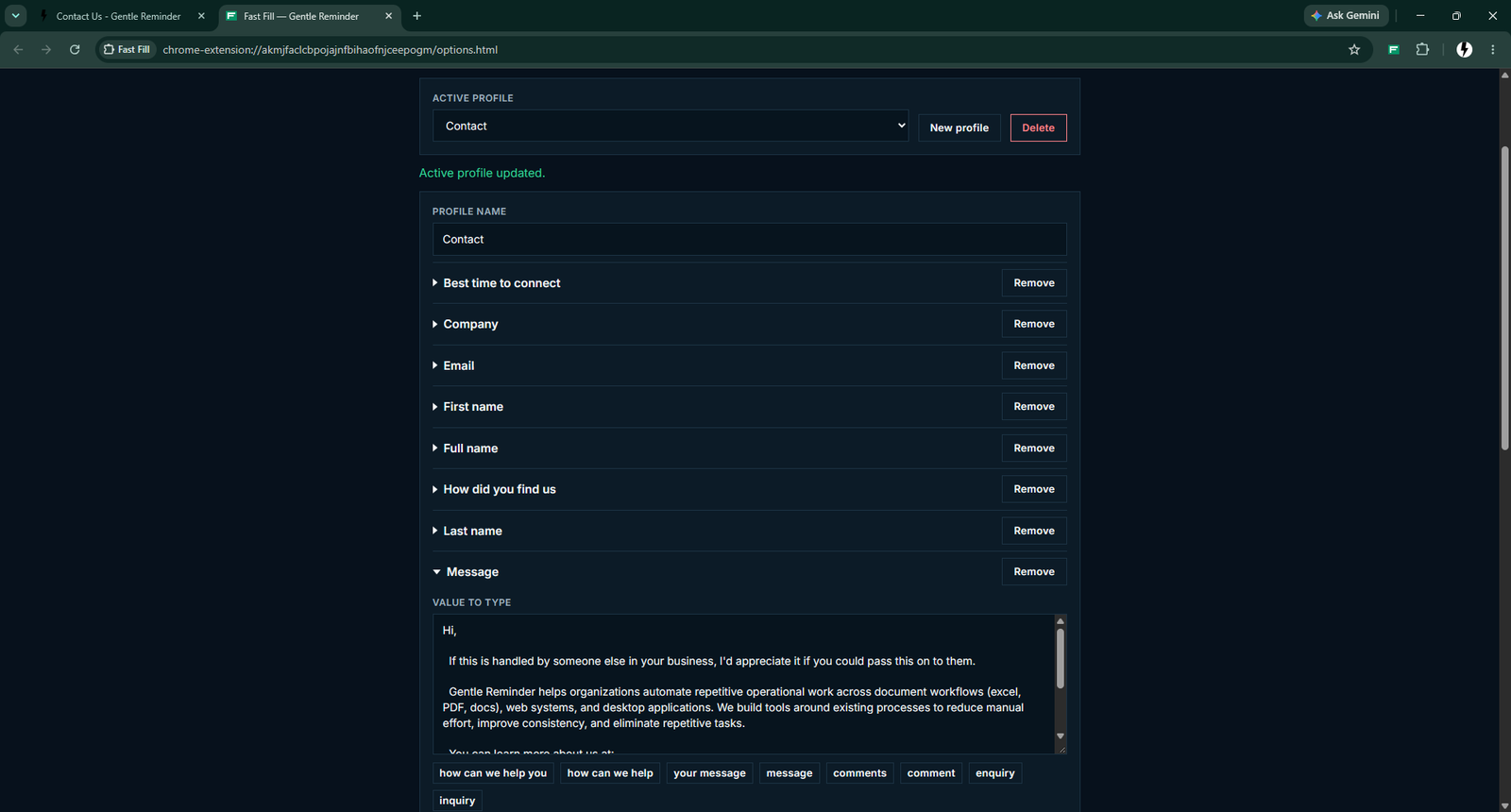 Fast Fill profile settings with fields and match phrases