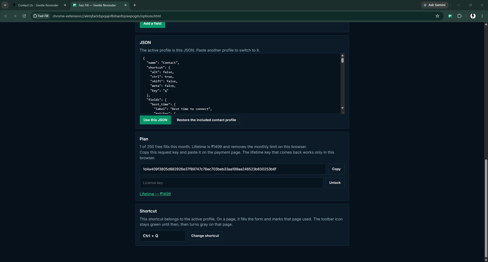 Fast Fill shortcut settings