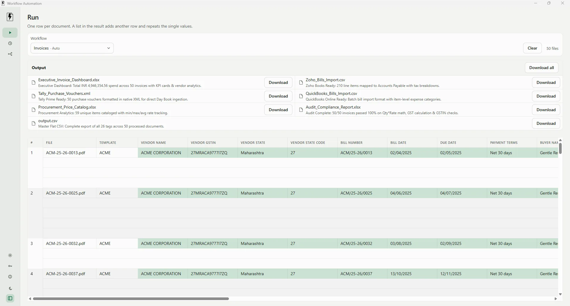 Workflow Automation results table and output files
