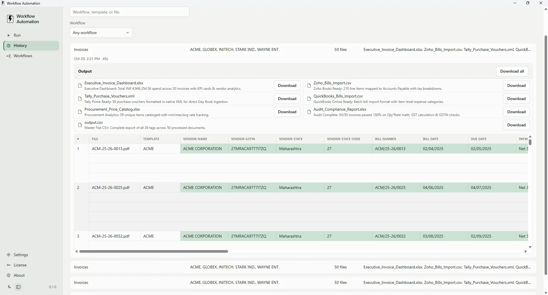 Workflow Automation history with a past run open