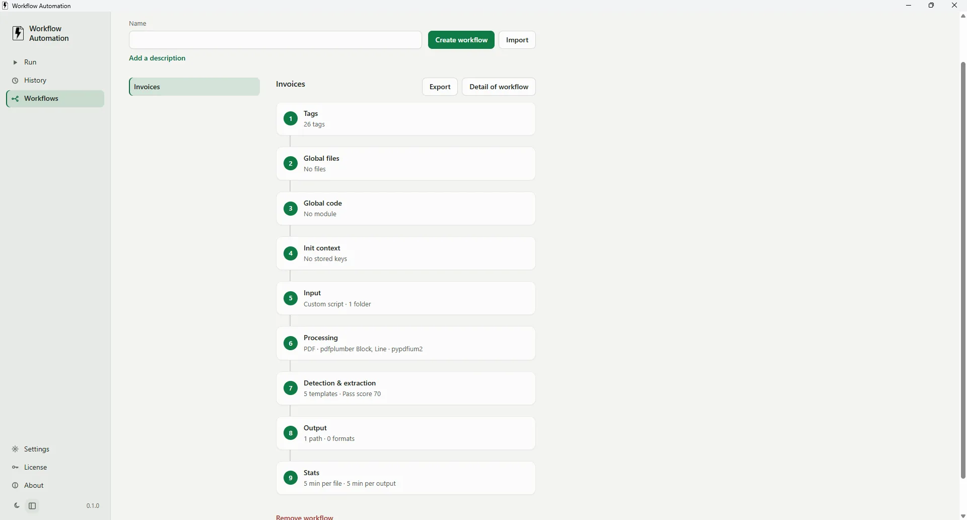 Workflow Automation stage list for a workflow